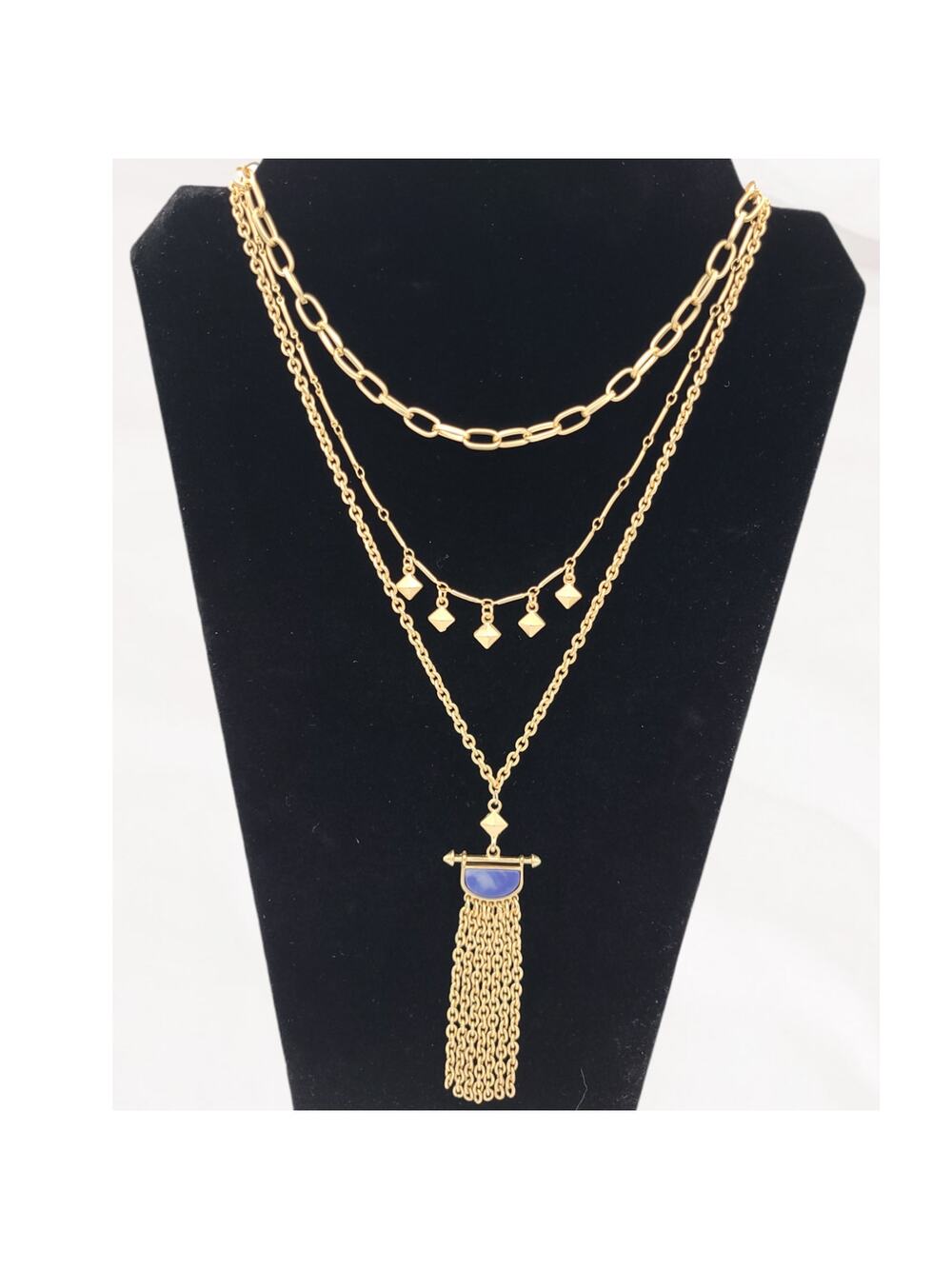 Jardin Gold Layered Blue Sodalite Stone Fringe Pendant Chain Necklace ~ NEW